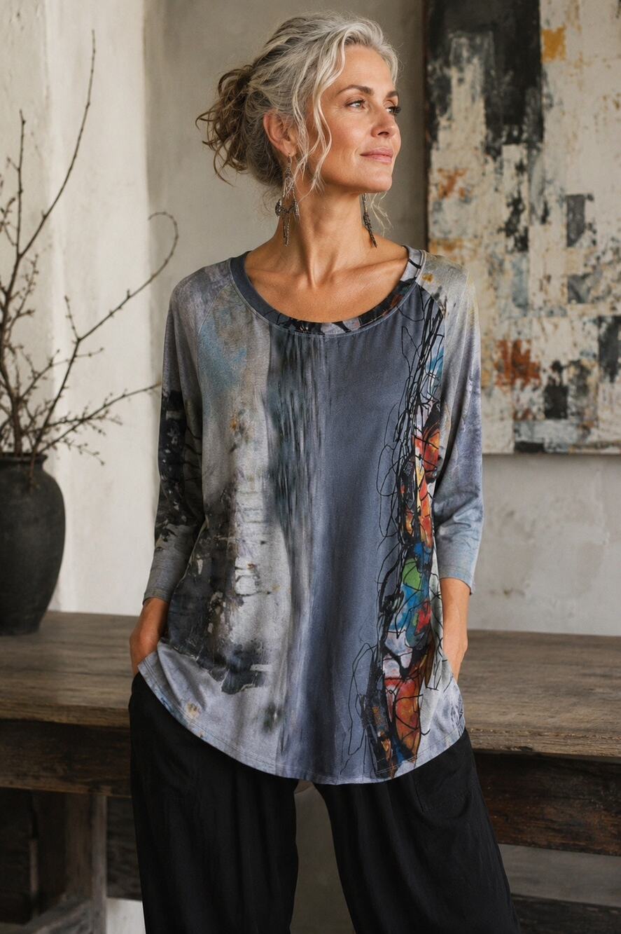 3 Potato Abstract Art Tunic Gray Blouse Pockets Boho Artsy Lagenlook NWT Size XS